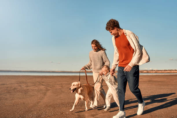 Family enjoying a walk on the beach with their dog