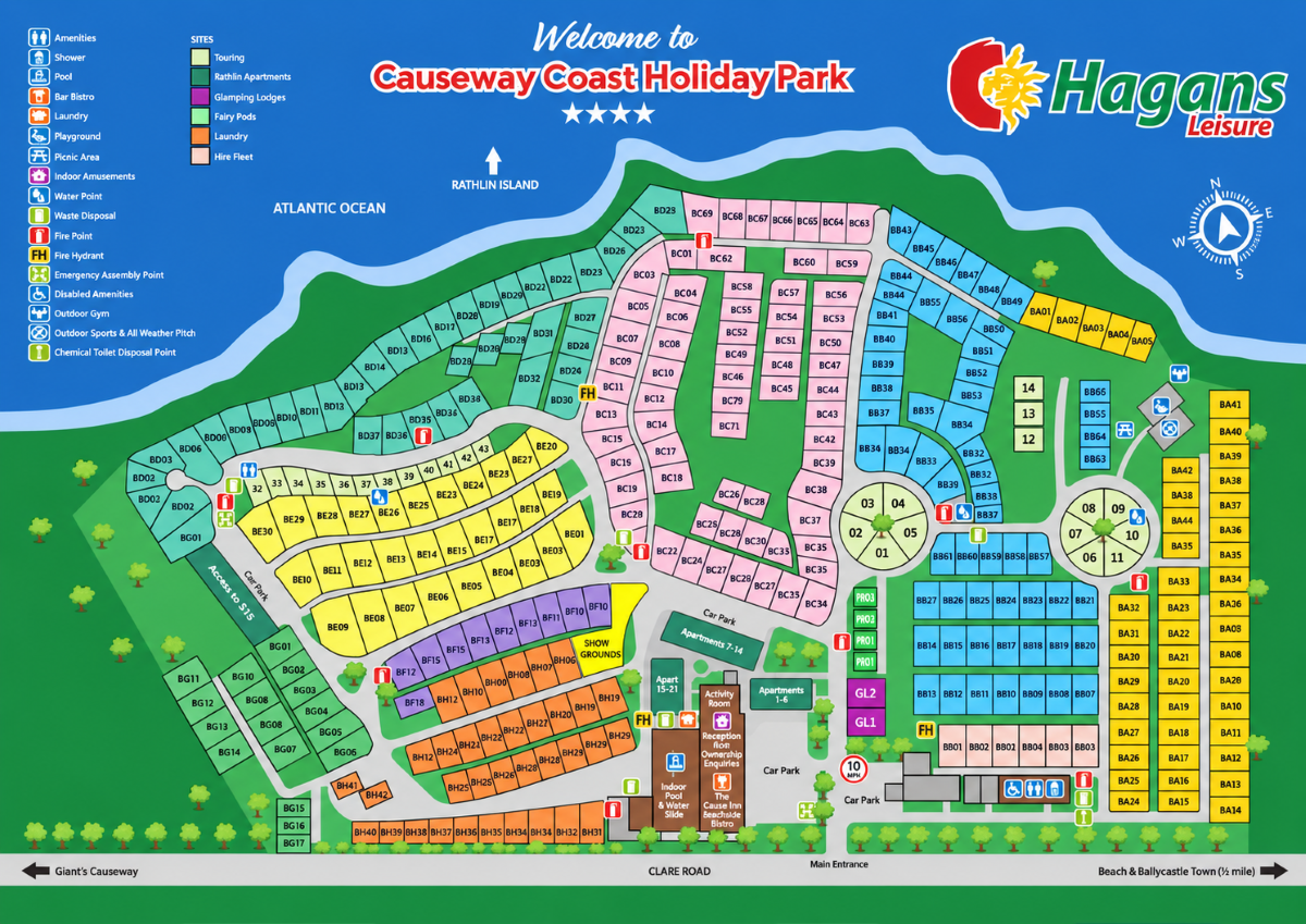 Map of Causeway Coast Holiday Park showing accommodation, touring pitches, facilities and roads